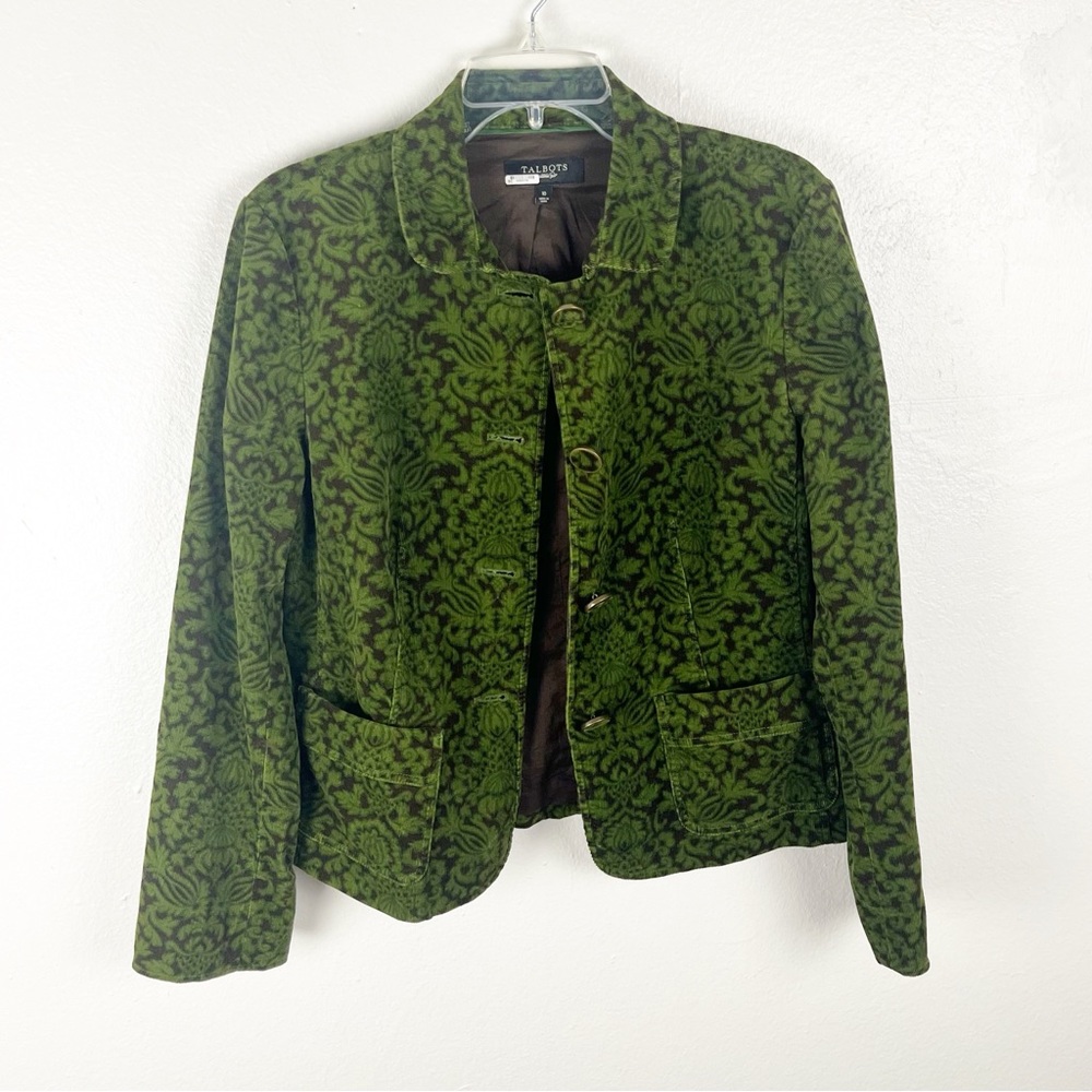 TALBOTS Green Brown Printed Lined Long Sleeves Corduroy Jacket Size 10 Boho Chic - Picture 10 of 11